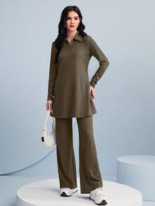 Graceveil Ladies' Solid Color Top And Wide Leg Pants Two Pieces Set 2 Pieces Set Modest - Brown - View 2