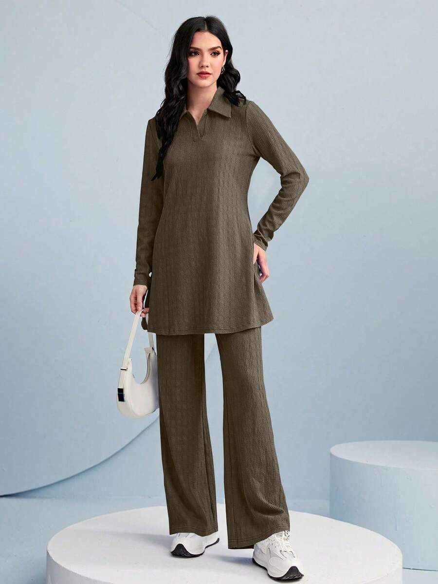 Graceveil Ladies' Solid Color Top And Wide Leg Pants Two Pieces Set 2 Pieces Set Modest