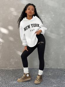 Coolane Kids Bộ đồ thể thao và thường ngày có mũ trùm đầu kèm quần legging cho bé gái tuổi mới lớn, trang phục phù hợp cho mẹ và bé (2 bộ bán riêng) - trắng - Xem 4