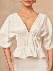 Lumalex Early Spring V-Neck Textured Fabric Cinched Waist Ruffle Hem Exaggerated Design Women Top Luxury NewYearNewLook QuietLuxe Prom Gathering Party Banquet Modest Old Money Coquette Glitter Holiday Party Rave Festival Outing Vacation Hot Outdoor Richly Layered Wedding Season Banquet ID Al-Adha Al-Adha Party New Year Looks Of Party - Apricot - View 7