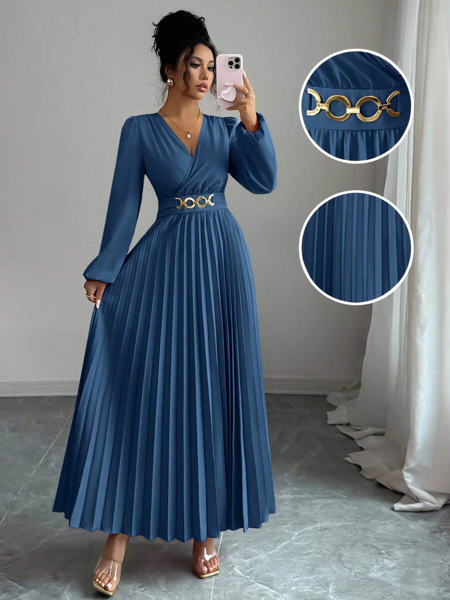 Elenzga Autumn/Winter Back To School Season Pleated Dress, Elegant For Birthday Party, Wedding - Blue - View 1