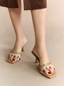 Rosivie 女士简约樱桃图案时尚日常高跟凉鞋