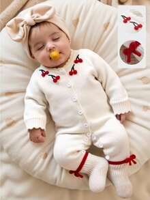 SHEIN Baby Girls Casual Cute White Embroidered Floral Knitted Sweater Jumpsuit Soft & Comfortable, Suitable For Daily, Outings, Travel, Vacation, Home, Daycare, Baby Girl Play, Christmas, Back To School, Parties Fall Winter