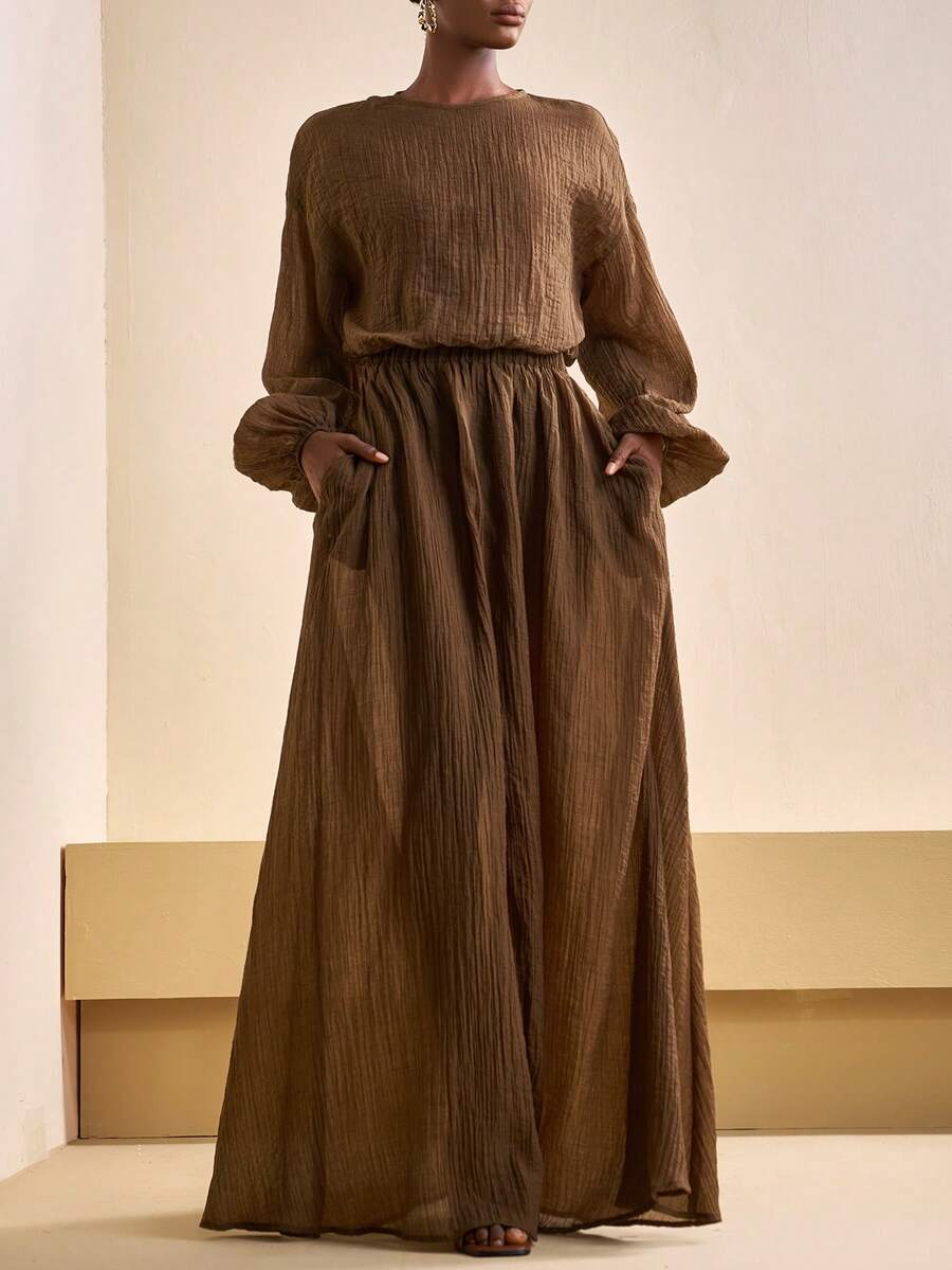 Zivah 2025秋冬季新年、情人节、派对、晚宴、约会、生日、学院风、学生装、日常穿着、百搭基础款、休闲、邮轮旅行、优雅、通勤、商务休闲、极简圆领落肩长袖宽松短款上衣+带口袋A字裙，棕色纹理竖条纹面料，女士两件套，波西米亚风套装 - 棕色 - 查看 1