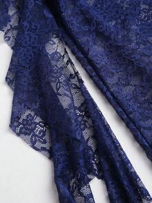 SHEIN PETITE Bohemian Style Ruffled Lace Patchwork Asymmetrical Hem Skirt For Petite Women, Spring/Summer - Navy Blue - View 6