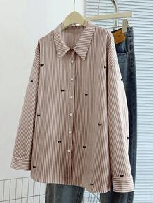 GlowEve CURVE 大码条纹蝴蝶结刺绣休闲长袖衬衫 - 橘色 - 查看 5