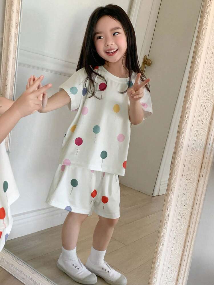2pcs/Set Young Girl Balloon Print Short Sleeve Top And Shorts Set,Girls Summer Outfits