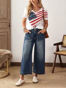 EMERY ROSE Plus Size Casual Washed Vintage Wide Leg Jeans Casual Street Patchwork Pocket Loose Wide Leg Jeans Women Jeans Baggy Loose Jeans