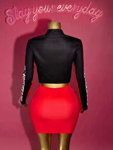 Slaydiva 2025 Winter, New Style, New Year, Valentine's Day, Party, Evening Gathering, Date, Gathering, Birthday Party, Preppy Style, Student Wear, Everyday Outing, Basic Versatile, Casual, Cruise Travel, Influencer Hot Style, Elegant, Commuter, Business Casual, Sexy Club, Y2K, Punk Racing, Girly Cool Motorcycle Style, Small Stand Collar Long Sleeve Letter Print Jacket + Tank Top + Mini Skirt, Winter Set, Christmas Set, New Year Set, Women's Three-Piece Set - Multicolor - View 2