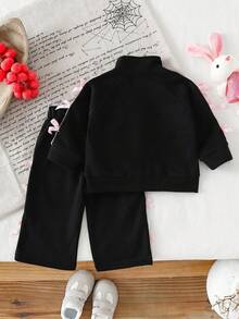 SHEIN Baby Girl Casual Everyday Commute Cute Contrast Color Bow Decor Stand Collar Zip-Up Jacket And Wide Leg Pants Set, Autumn - Black - View 2