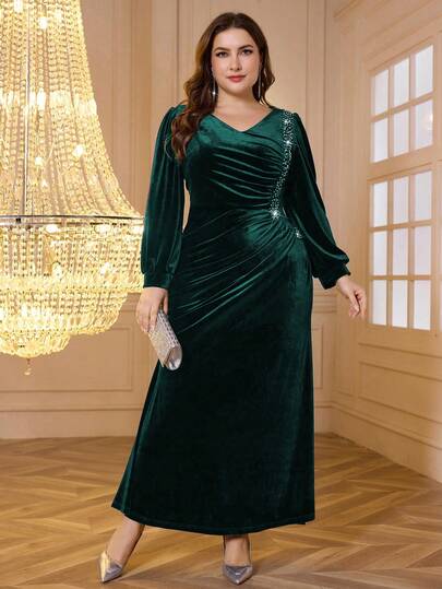 Modelyn New Women Velvet V-Neck Long Sleeve High-End Evening Dress, Elegant Quality For Autumn/Winter Maxi Women Outfit Long Evening Dresses