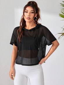 SHEIN Sports 2件套女式纯色短袖抽绳连帽运动衫套装 - 彩色 - 查看 4