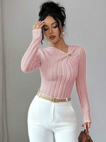 SHEIN Elenzya 女款純色提花紋理布料不對稱金屬鈕扣斜 V 領收腰長袖 T 恤 - 粉色 - 查看 7