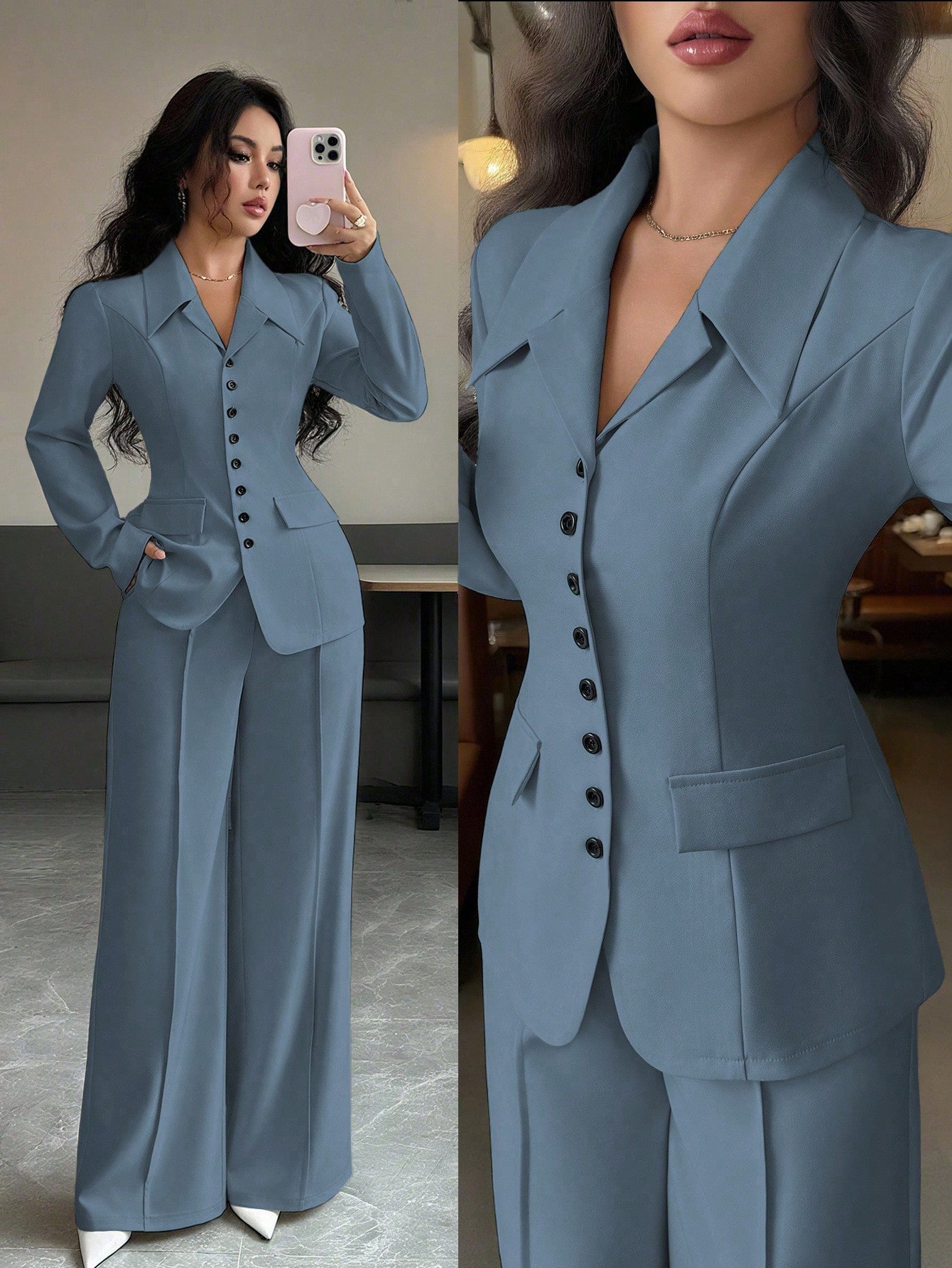 Elenzga بدلة نسائية من قماش سميك ذات رقبة على شكل...