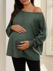 SHEIN Blusa de manga larga con cuello asimétrico, elegante y cómoda para embarazadas - Verde - Ver 6