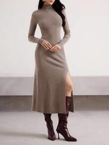 Heiryn Vestido de punto de unicolor con cuello alto, manga larga y bajo con abertura lateral, para otoño/invierno - Camel - Ver 5