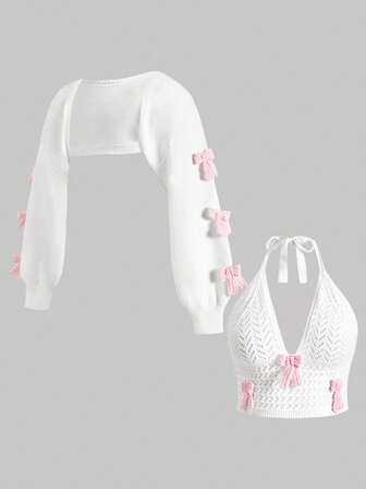 Kawaii Plus Size Autumn/Winter Solid Bow Decor Cute Sweet Knitted Cardigan Set