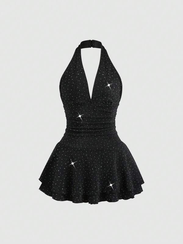 SHEIN Sweetro Goth-Inspired Glitzy Rhinestone Embellished Backless Deep V-Neck Party Dress, Sexy Ruched Waist Design, Unique Sultry Shibuya Girl Style