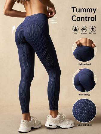 VARSITIE Women's Navy Blue Color-Blocked Silver Polka Dot Print High-Waisted Slimming And Shapely Yoga Leggings, Perfect For Yoga And Pilates Workouts.