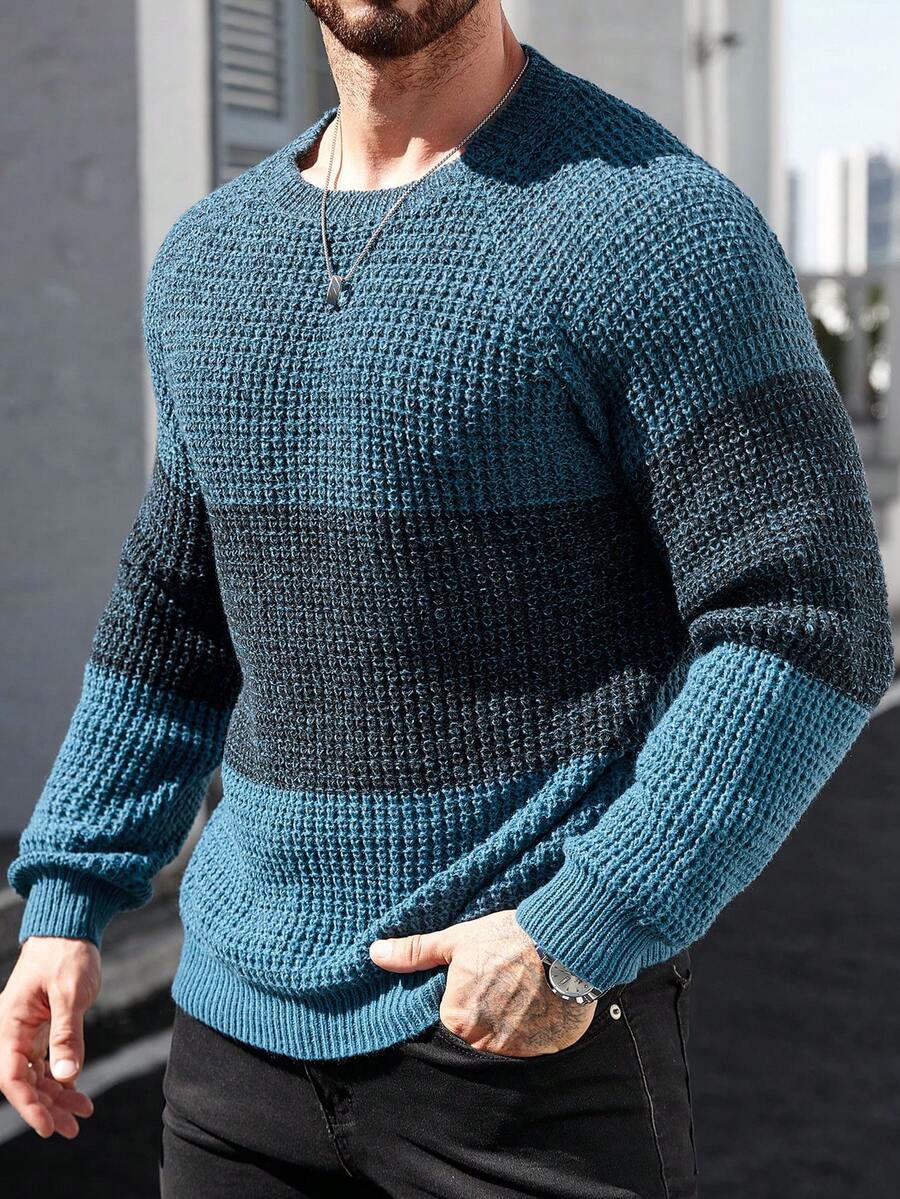 Manfinity Homme 男士长袖休闲撞色圆领套头毛衣，秋冬男士毛衣上衣蓝色毛衣套头衫 - 彩色 - 查看 1