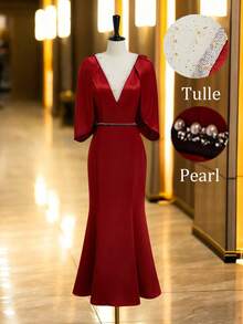 SHEIN LUNE Elegantes, minimalistisches Damenkleid in Uni/Farbblock-Optik mit tiefem V-Ausschnitt, taillierter Silhouette und Meerjungfrauensaum. Ideal für Weihnachten, Weihnachtsfeiern, Silvester, Partys und andere festliche Anlässe. - Rostbraun - Übersicht 1