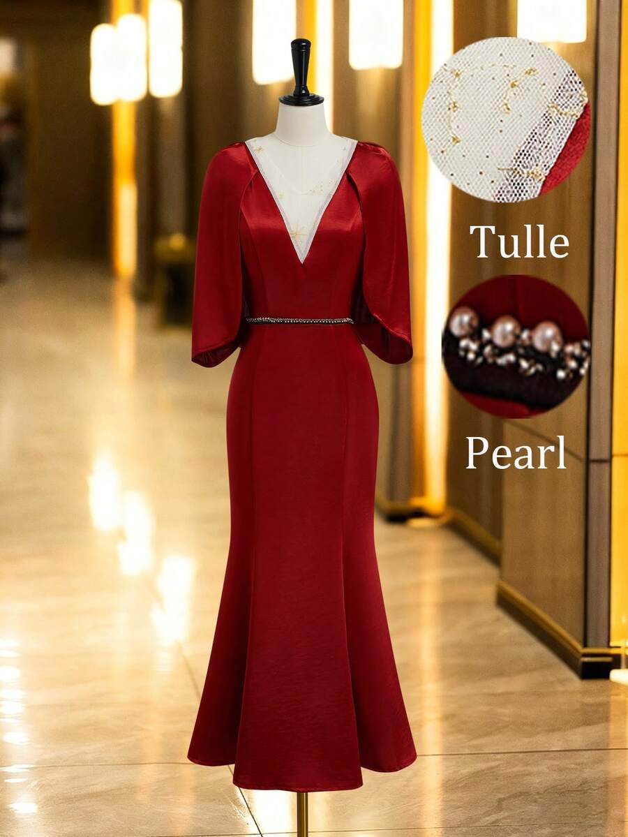 SHEIN LUNE Elegantes, minimalistisches Damenkleid in Uni/Farbblock-Optik mit tiefem V-Ausschnitt, taillierter Silhouette und Meerjungfrauensaum. Ideal für Weihnachten, Weihnachtsfeiern, Silvester, Partys und andere festliche Anlässe. - Rostbraun - Übersicht 1
