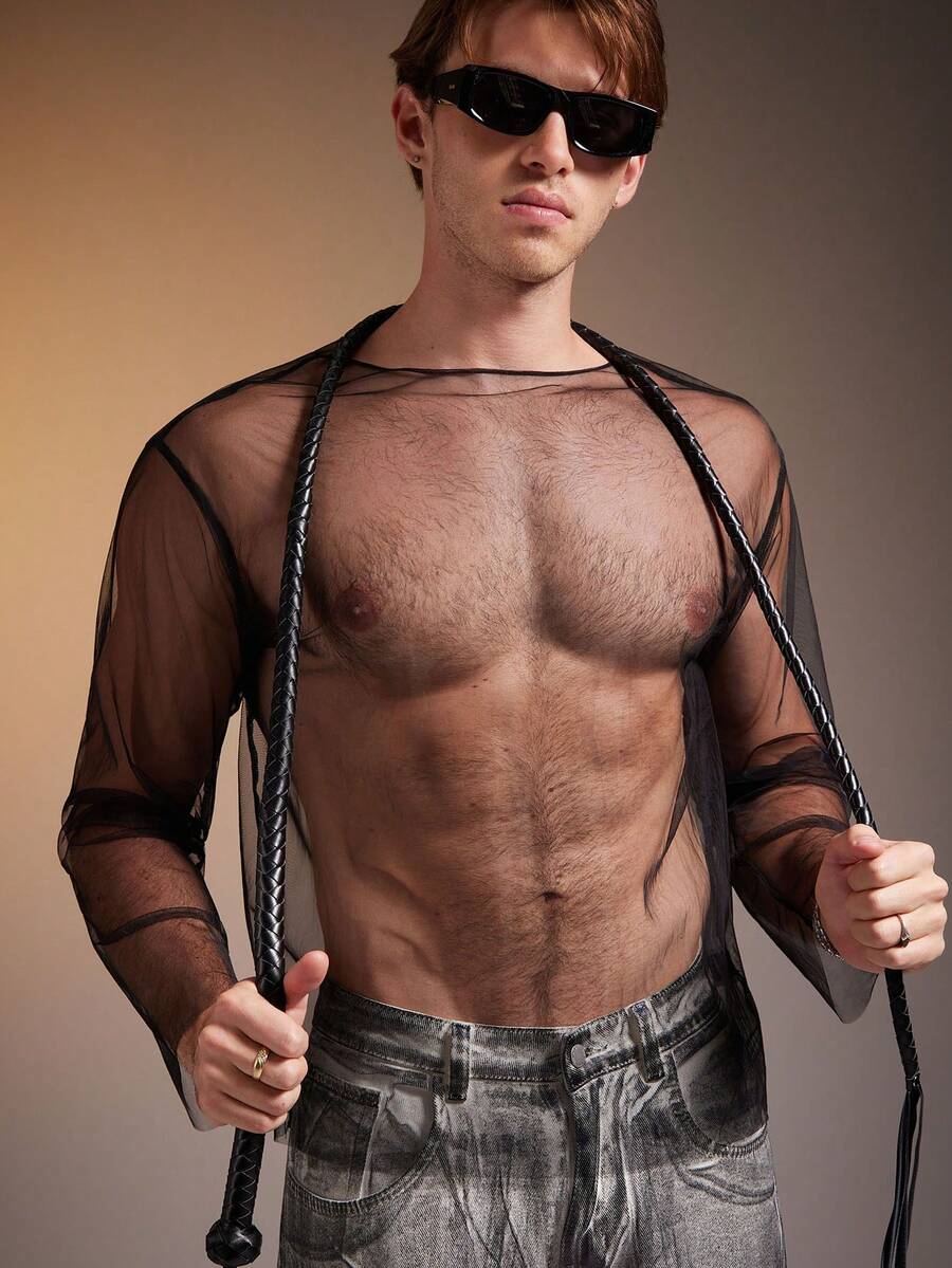 FeverCity Fashionable Casual Sheer Mesh Long Sleeve Men T-Shirts