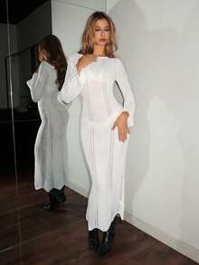 EgrlEra Jeanoir 长款毛衣连衣裙，优雅女士单肩针织连衣裙 - 白色 - 查看 3