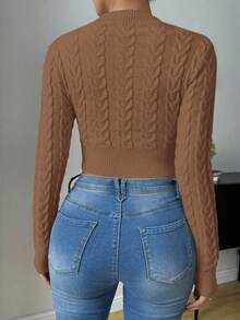 Zielony Women's Solid Color Fitted Twist Cable Crew Neck Casual Long Sleeve Pullover Sweater - Khaki - View 2