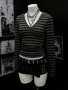 EgrlEra 女士休闲V领条纹修身短款长袖T恤 - 彩色 - 查看 3