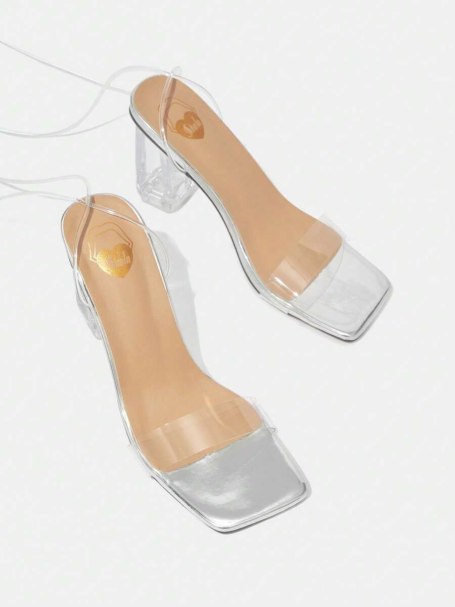 Women's Square Toe Silver High Heel Sandals