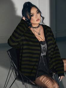 ROMWE Grunge Punk 大码撞色条纹拉链宽松休闲针织开衫 - 墨綠色 - 查看 1