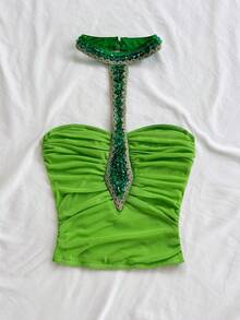 Soleia 新款亮片装饰露背吊带背心，绿色，适合圣诞节、约会之夜、夜店、波西米亚风、度假、秋季女装、复古、节日场合 - 綠色 - 查看 6