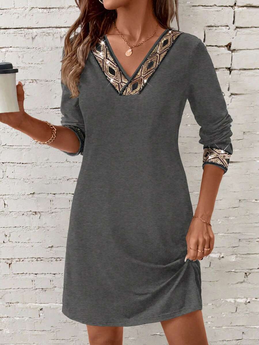LanaWest V-Neck Dress With Sequins Trim On Collar And Cuffs - Grey - View 1