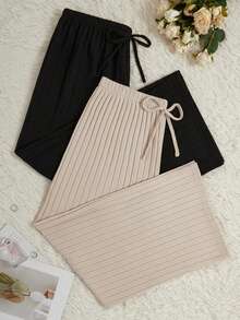 SHEIN 两件套加大码女式纯色黑色和杏色腰带仿抽绳宽松裤，保暖超柔软罗纹面料家居服睡裤套装，适合冬季穿着 - 彩色 - 查看 6