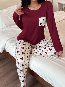 Heart Print Casual Round Neck Long Sleeve Pajama Set For Women, Winter Clothes - Red - View 6