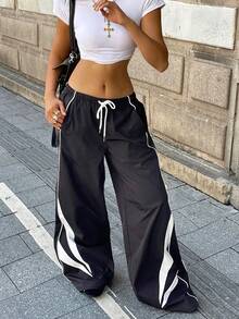 Coolane 女士夏季演唱会街头服饰外出拼色降落伞裤 - 黑與白 - 查看 4