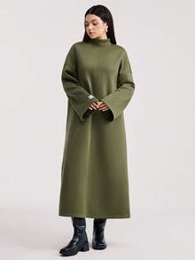 Veilorie Women Casual Loose Solid Color Comfortable Long Sleeve Sweatshirt Dress - Army Green - View 2