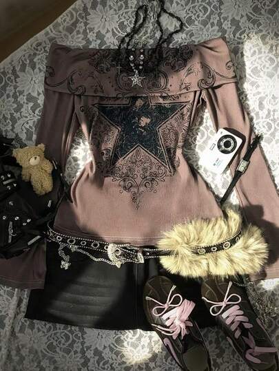 INAWLY Y2K Women's Printed Bell Sleeve T-Shirt, Star Pattern T-Shirt, Suitable For Autumn And Winter, Fashionable, Printed T-Shirt, Stylish T-Shirt, Gift For Siblings, Gift For Sisters, Cute T-Shirt, 2000s Retro T-Shirt, Casual And Simple, Fashionable T-Shirt