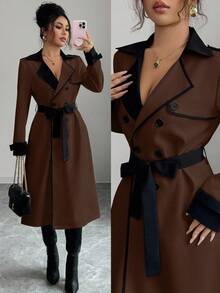 Elenzga 女士撞色领设计双排扣收腰优雅休闲通勤时尚法式风衣，奶油白与杏色拼接，长袖，秋冬款 - 彩色 - 查看 6