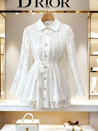Franclia SHEIN Raffinea Women's Elegant White Lace Shirt Collar Cloak Belt Tie Golden Button Flowing Short Dress,Loose Dresses Are Suitable For Wearing In Spring/Autumn And Christmas Parties, Romantic Valentine's Day Dinners, New Year's Eve Parties, Business And Leisure Gatherings, And Daily Brunch Outfits,Pre-Wedding Party Dresswinter Dress Women New Year Dress Party Dress Elegant Dresses For Party Elegant Party Dresses Graduation Dress Graduation Guest Dress Elegant Dresses For Women Luxury Evening Dresses For Womenwinter Winter Clothes For Women Winter Clothes Christmas New Year New Year Clothes New Year New Year Outfit New Year Women Thanksgiving Thanksgiving Outfit For Women Party Beach Graduation Elegant Luxury Chic Stylish Clothing Collectiongraduation Season Attire, Fashionable Casual Commuter Wear, Business Office Wear, Versatile And Stylish Everyday Casual Wear, Urban Teacher's Professional Attire
