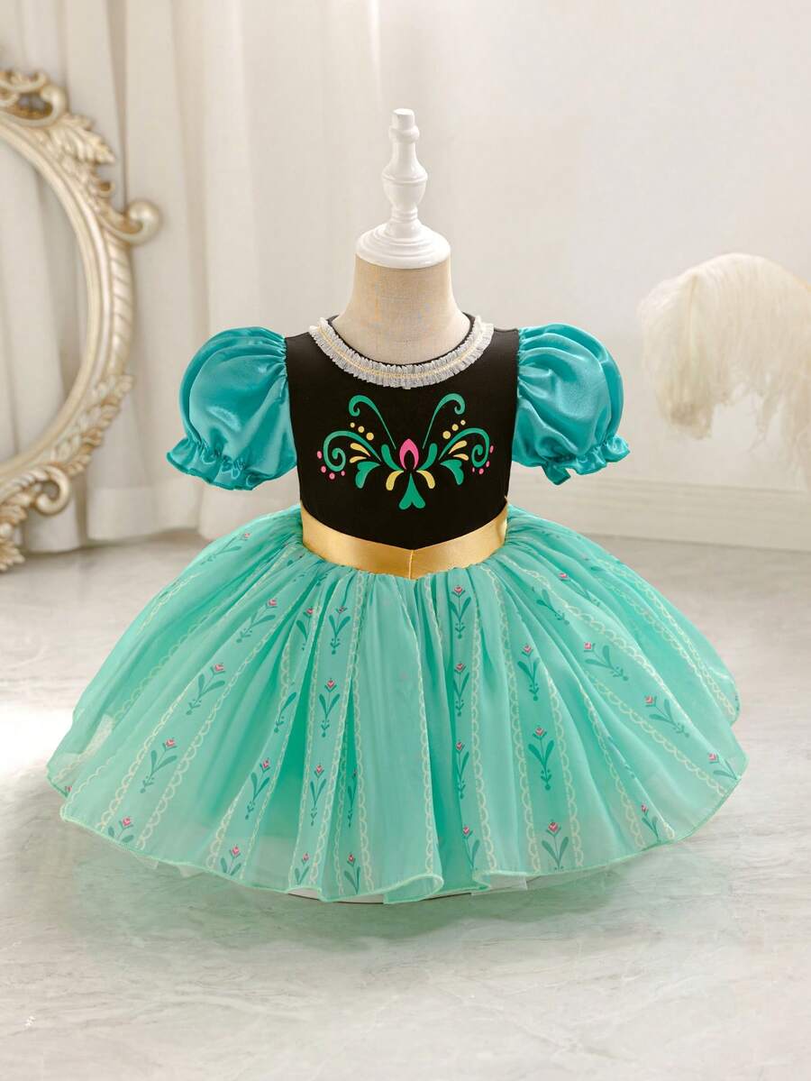 SHEIN Glamorique Kids 圣诞女宝宝派对礼服、圣诞老人礼服、新年礼服 - 女童白色缎面仿珍珠薄纱蓬蓬裙，后背饰有大蝴蝶结，公主选美礼服，适合舞台表演、钢琴演奏、中东地区等场合。 - 綠色 - 查看 1