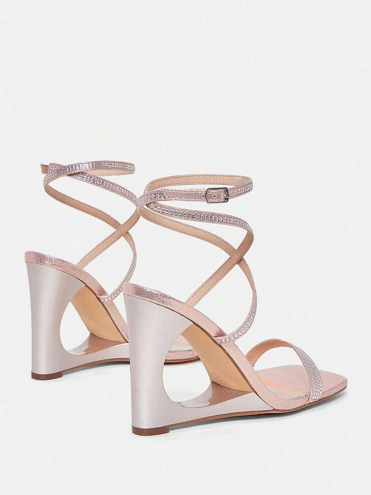Women's Rhinestone Buckle Design Elegant Wedge High Heel Sandals
