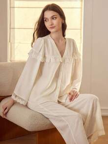 MOTF PREMIUM AUTUMN/WINTER CONTRAST LACE TEXTURED PAJAMA SET - Apricot - View 4