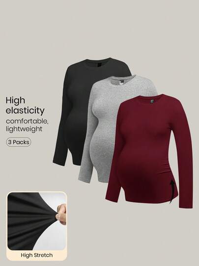 Modmama 3pcs/Set Maternity Casual Round Neck Long Sleeve Fitted Pregnancy T-Shirt Pregnant Clothes Maternity Tops Pregnancy Shirts Maternity Clothes T Shirts Maternity Clothes Fall Winter