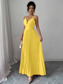 Elegant And Sexy Women's Dress With Thin Straps And Crisscross Back - 黃色 - 查看 3