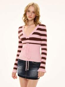 ROMWE Avant Retro Sweetheart Contrast Striped Deep V-Neck Long Sleeve Sweater For Women - Multicolor - View 4