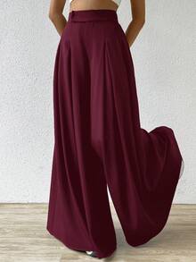 SHEIN EZwear Quần ống rộng xếp ly trơn màu đỏ rượu vang, cỡ lớn - Màu Đỏ Sâu - Xem 4