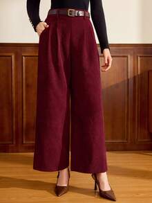 Vintamour 女士复古经典优雅灯芯绒长裤，收腰设计，配有腰带和口袋，棕色，秋冬款 - 酒紅色 - 查看 4