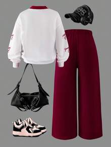 Sparklyn 两件套少女V领长袖T恤，印有23个字母和数字，搭配阔腿裤，舒适休闲运动风，适合春秋季穿着。 - 紅色 - 查看 2